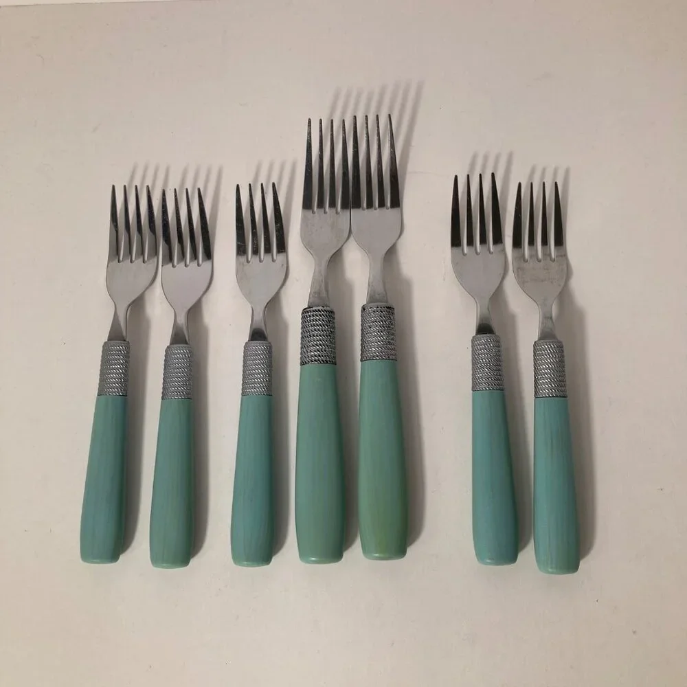 7‎ - Vintage Cambridge Forks Green Stainless Flatware Plastic Handle 7 or 8